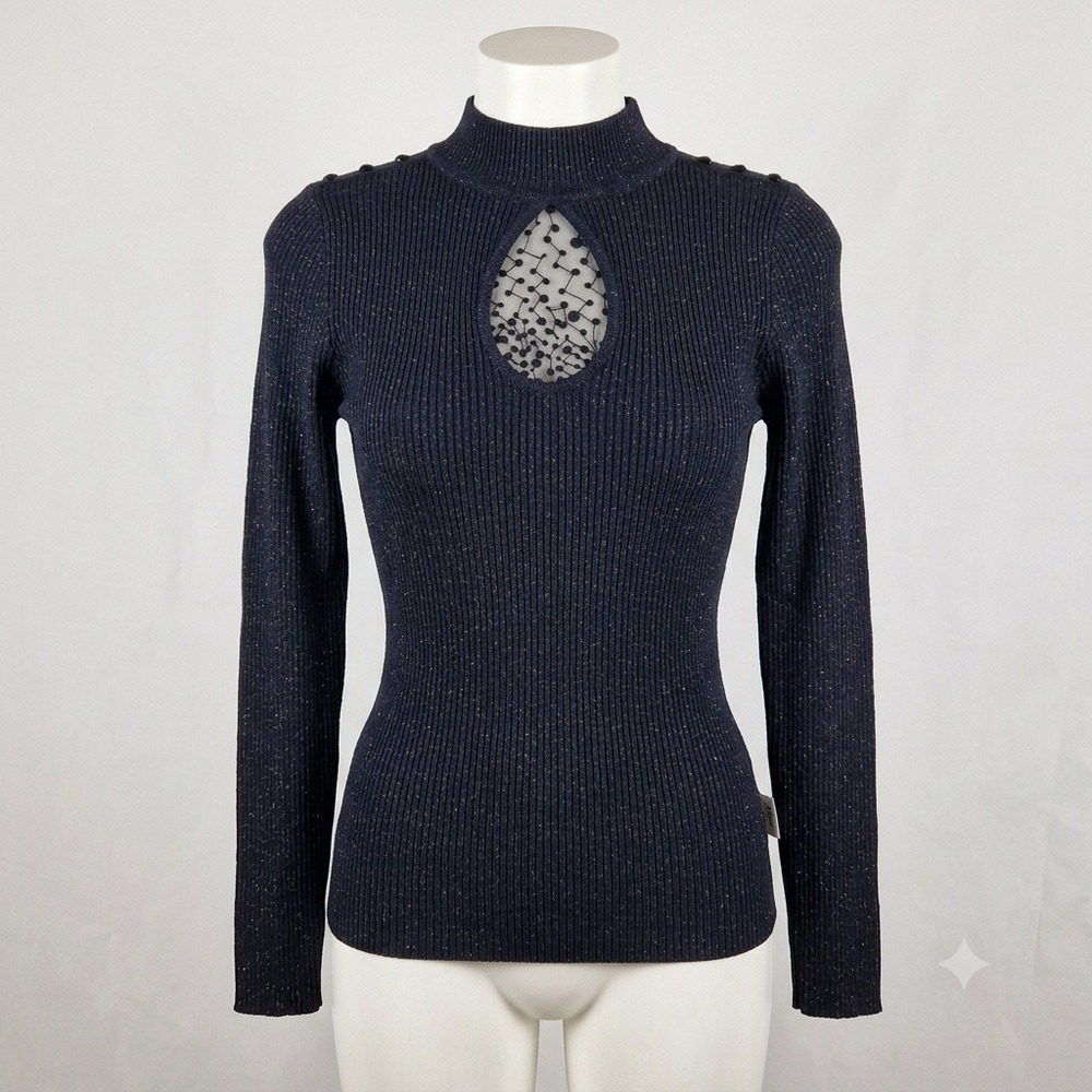 Belldini Black Silk Lurex Ribbed Knit Sweater Sequin Mesh Yoke Mock Neck Medium